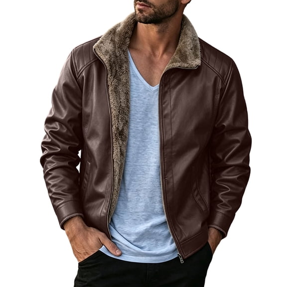 Ecqkame Men's Fleece Lined Leather Motorcycle Jackets Fur Turtleneck Windproof Zip up Pu Moto Jacket Vintage Bomber Outerwear Brown XL
