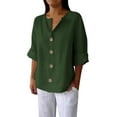 thumbnail image 2 of T Shirts for Women Long Sleeve Shirt Women Tops 3/4 Sleeve Cotton Linen Button Down V Neck Shirts Casual Loose Outfits Clothes Womens Fashion Top Shirts, 2 of 5