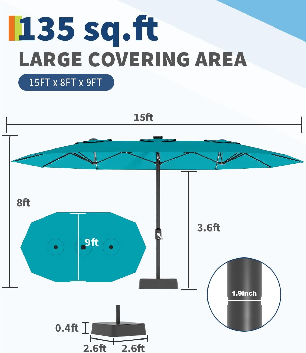 15ft Patio Umbrella with Solar Lights, Outdoor Large Umbrellas with Crank Handle and 36 LED Lights, Rectangular Market Umbrella with Base Included for Deck Pool Shade