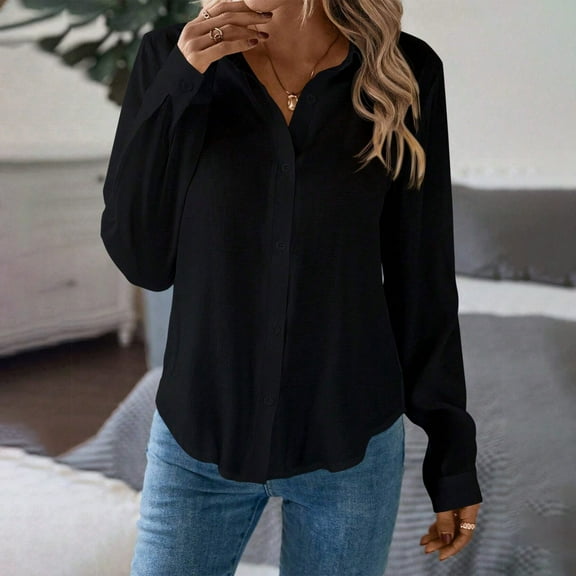 Women Summer Casual Shirts Women's Spring Button Up Long Sleeve V Neck Button Up Shirt Work Shirt Dressy Elegant Loose Shirt