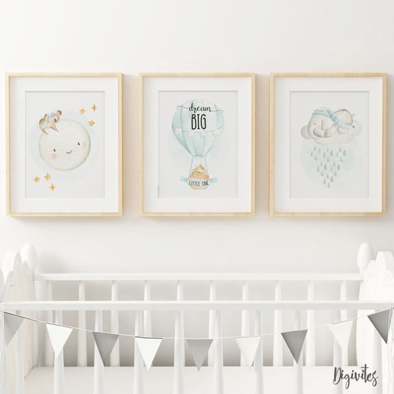 UNFFRAMED Baby, Boy, Nursery Bedroom Decor, Watercolour Woodland Animals, Hot Air Balloon, Cloud, Moon, Stars, Elephant, Dream Big, Nursery Prints Set 3 Prints 8x12