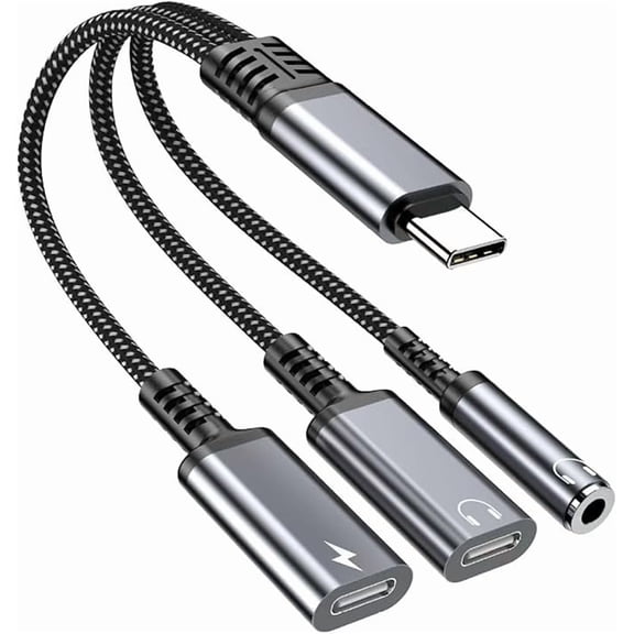 3-in-1 USB-C Audio & Charging Adapter with Headphone Jack for iPhone 16/17 Series, iPad, Samsung Galaxy S23/S24 Ultra, Black