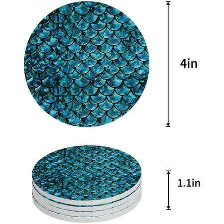 

FMSHPON Mermaid Fish Scales Set of 8 Round Coaster for Drinks Absorbent Ceramic Stone Coasters Cup Mat with Cork Base for Home Kitchen Room Coffee Table Bar Decor
