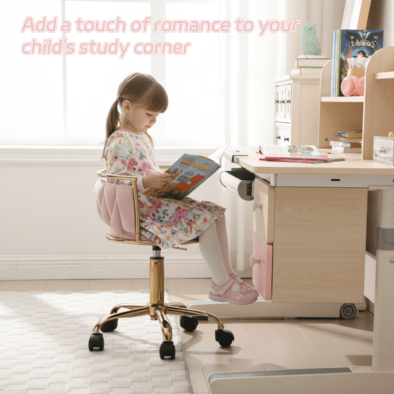 Guyou Kids Desk Chair, Velvet Rolling Swivel Children Chair, Adjustable Student Task Chair, Curved Woven Backrest Vanity Chair for Bedroom Dormitory Children Gifts, Pink