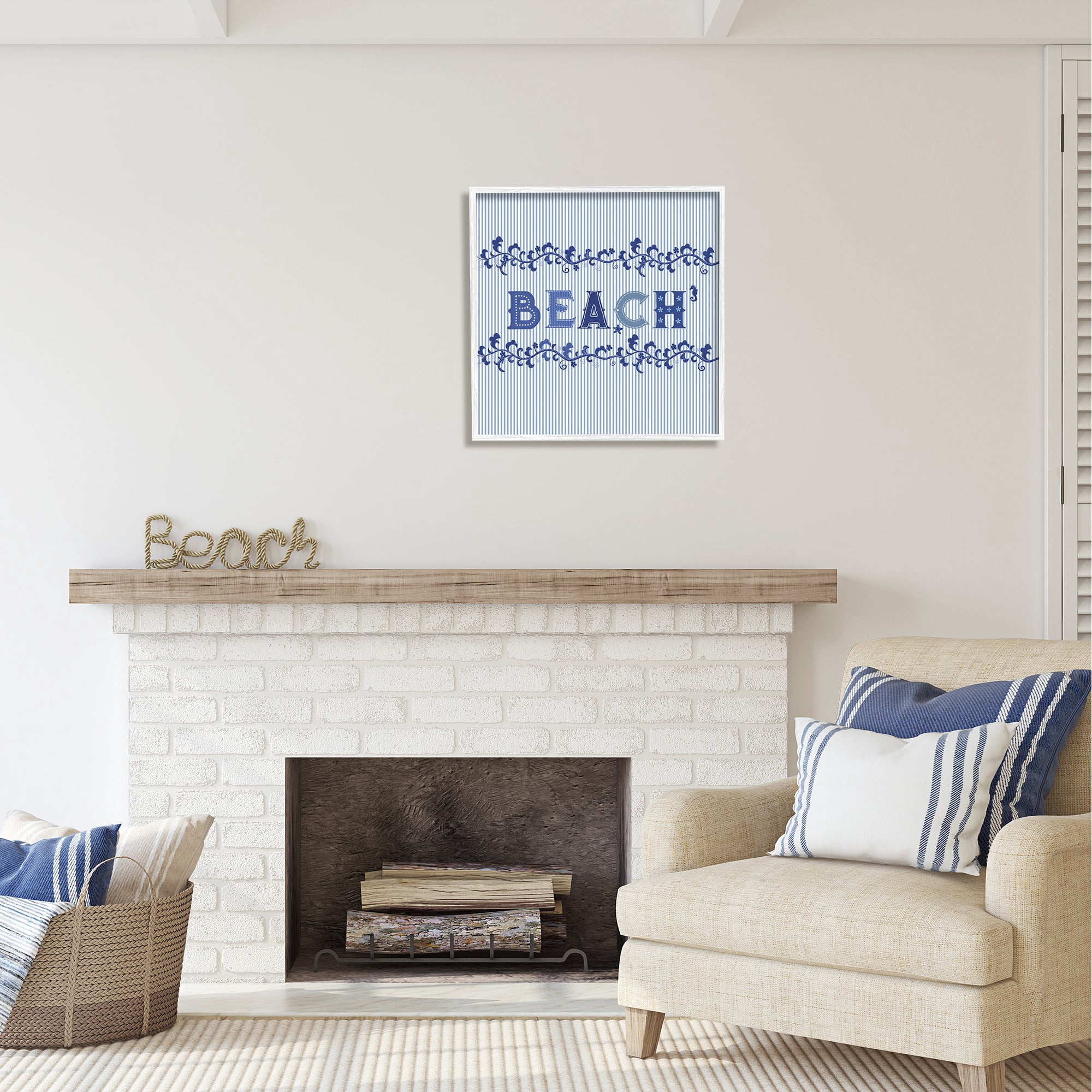 Stupell Industries Striped Beach Letters Botanical & Floral Painting White Framed Art Print Wall Art, 24 x 24