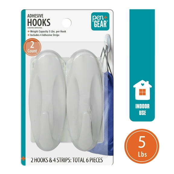 Pen+Gear Heavy-Duty Plastic Adhesive Large Wall Hooks, Damage Free, White, 2 Count