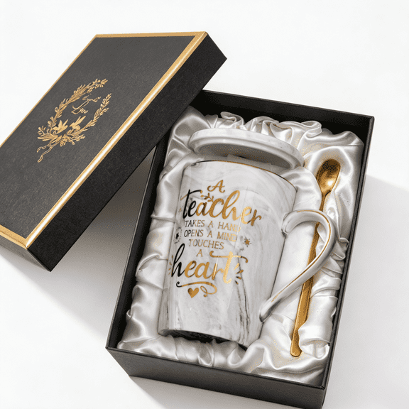 Biching Teacher Appreciation Ceramic Coffee Mug 14oz Marble Cup with Lid and Golden Spoon Elegant Gift Box Set Thank You Gift for Teachers