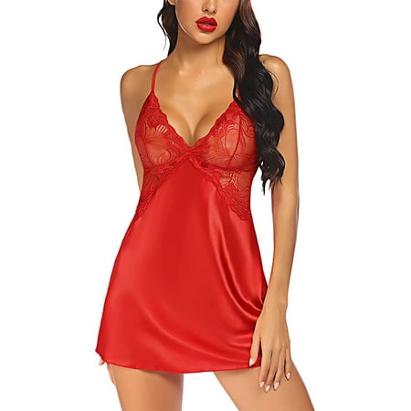 

UKAP Sexy Women Summer Lace V-Neck Halter Sleepwear Dress Sexy Silk Nightgown Night Dress Lingerie Nightie Gown