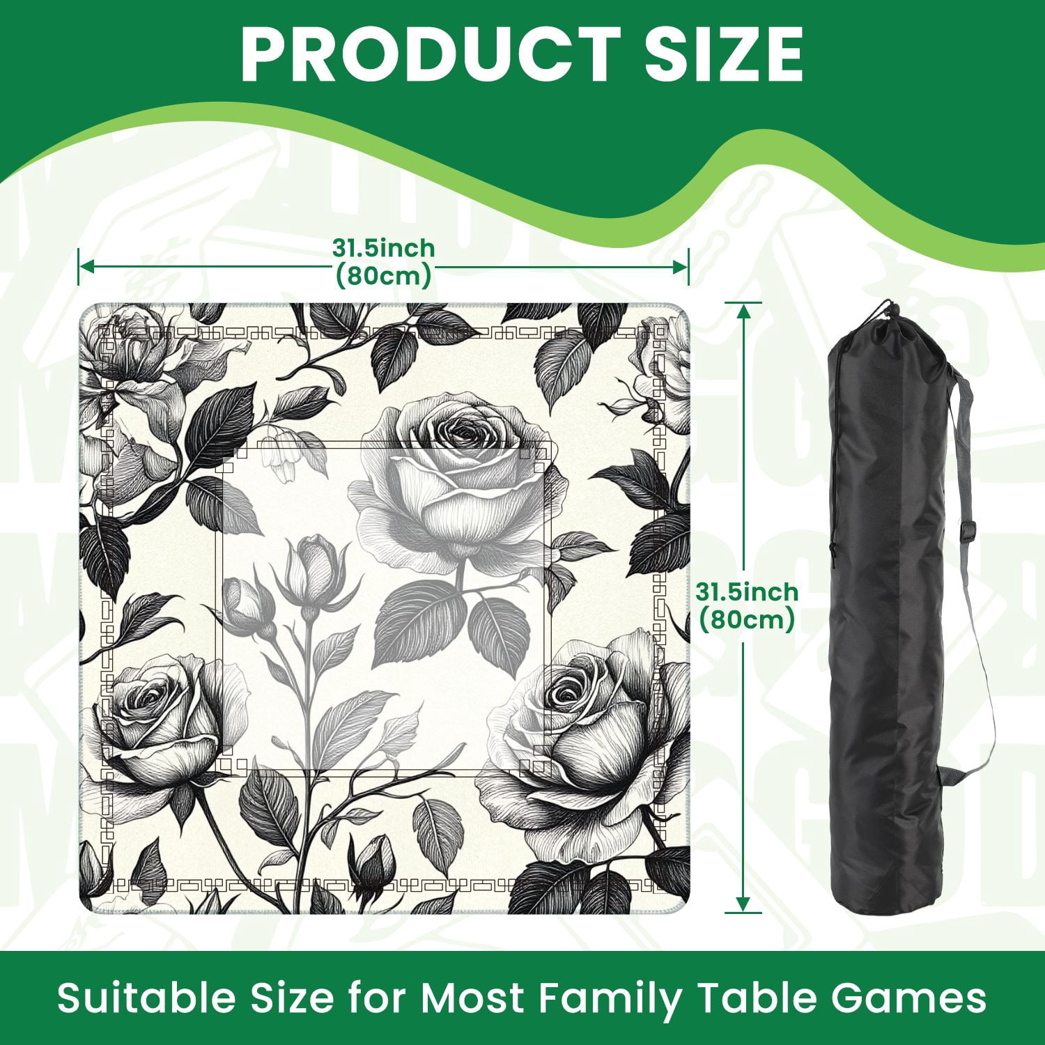 Mahjong Mat 31.5" x 31.5" Vintage seamless Floral black white Garden Non-Slip Noise Reduction American Mahjong Tiles Table Cover for Dominoes Poker Card Board Games Gift
