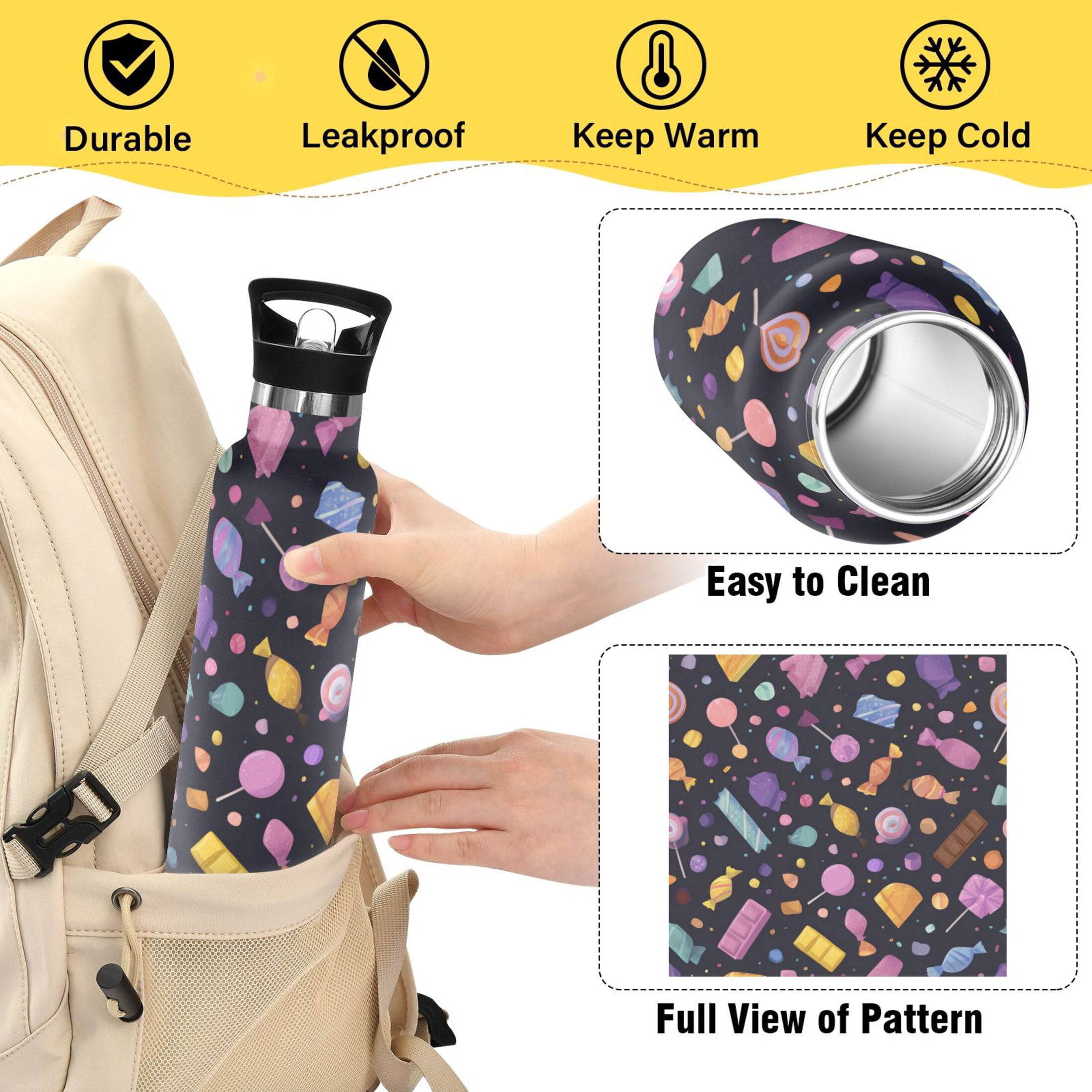 Kids Insulated Stainless Steel Sports Water Bottle 600ml (20oz) Colorful Candy and Sweets