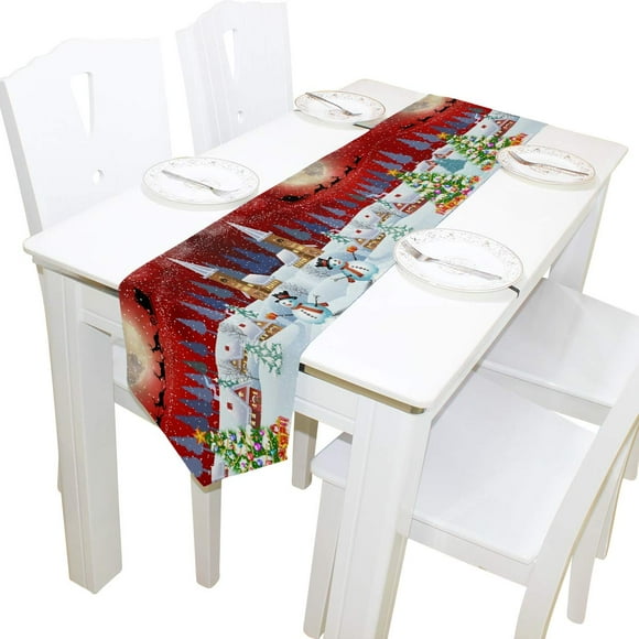 WOOR Chemin de Table de Noël Village Enneigé Double Face 13 x 90 Pouces de Long, Chemin de Table pour Mariage Fête Vacances Cuisine Salle à Manger Décoration Quotidienne