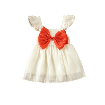 

Maemukilabe Kids Toddler Baby Girls Summer Dress Glitter Flying Sleeves Square Neck Big Red Decoration Party Prom Dress Apricot 12-18 Months