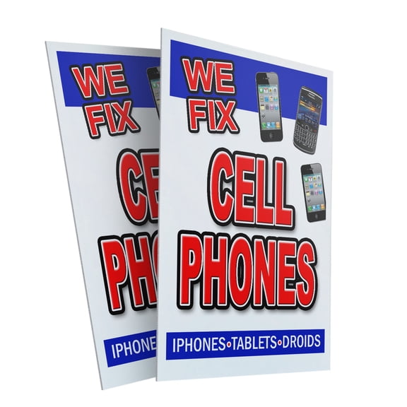 We Fix Cell Phones (2-PACK) 24" x 36" Plastic Signs | Sign Insert 4mm Corrugated Plastic Signs Storefront Window Poster