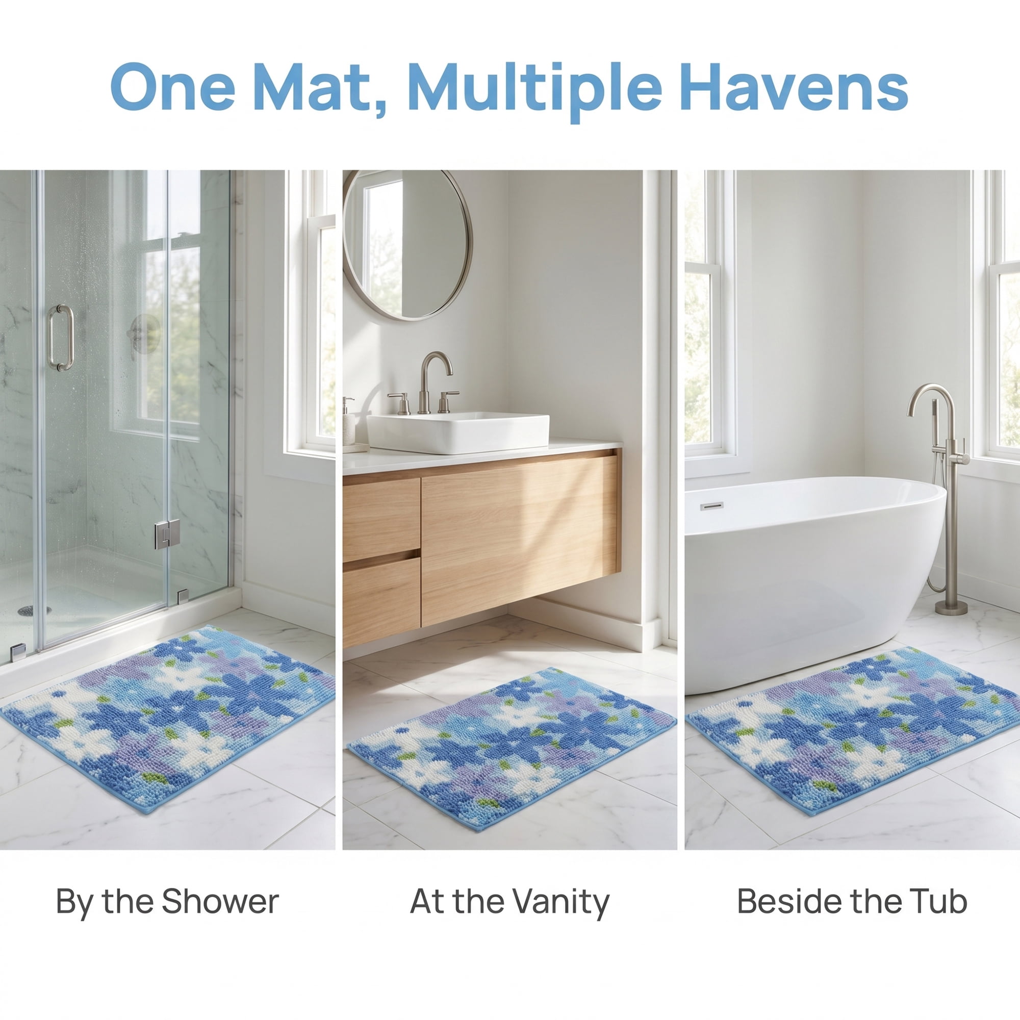 Unique Bargains Chenille Ultra Soft Non Slip Machine Washable Shower Rug Blue 32" x 20"