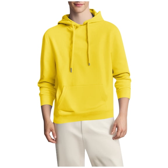 Men's Plain Hoodie Pocketed Soft Cotton Fleece Pullover Trendy Hooded Sweatshirts Fall Winter Tops (XL, Yellow)