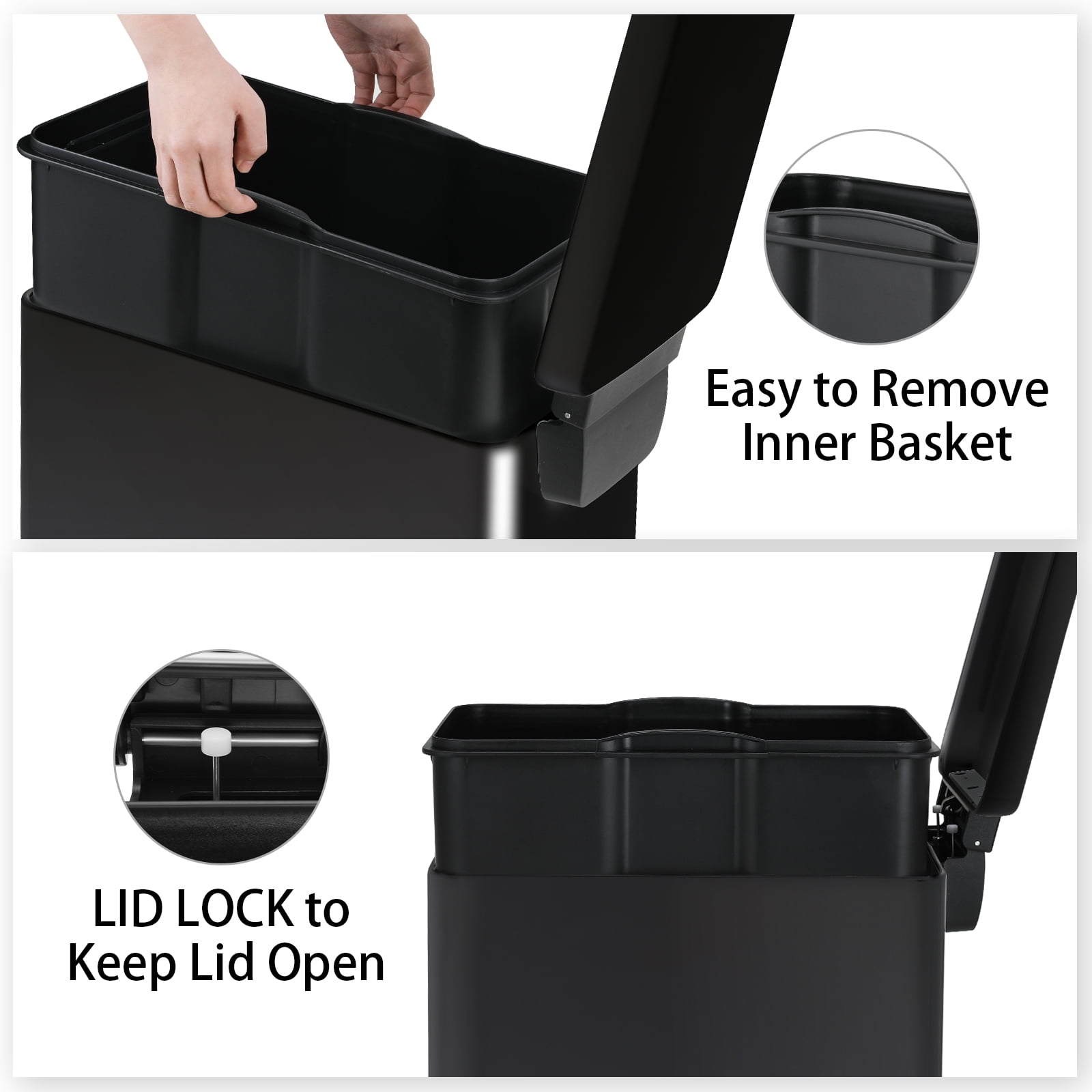 Pirecart 13.2 Gallon Slim Trash Can, Stainless Steel Kitchen Step Garbage Can, Black