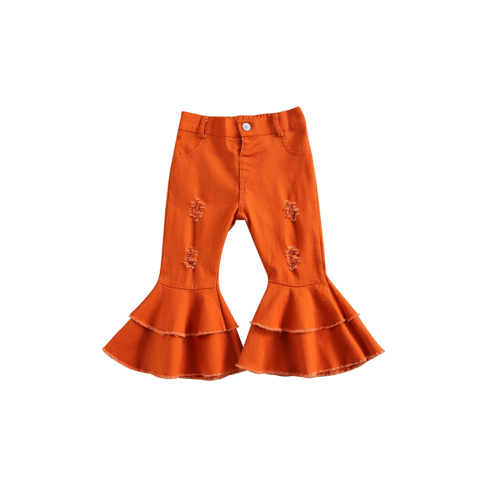 Kids Girls Flared Jeans Solid Color High Waist Pants Ripped Trousers Close Fitting Pants for Girls Red Orange