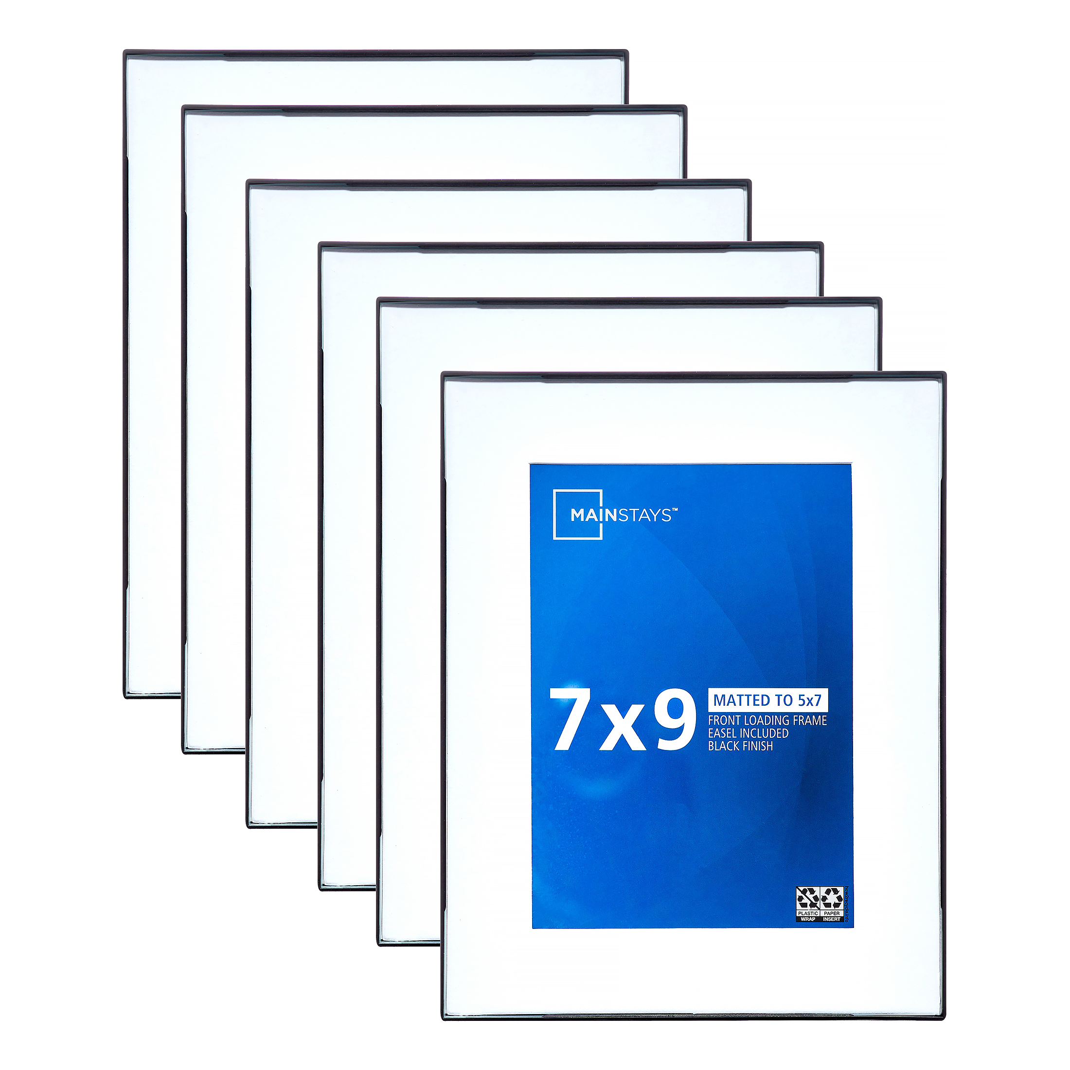 Mainstays 7x9 Matted to 5x7 Front Loading Tabletop Picture Frames, Black, Set of 6