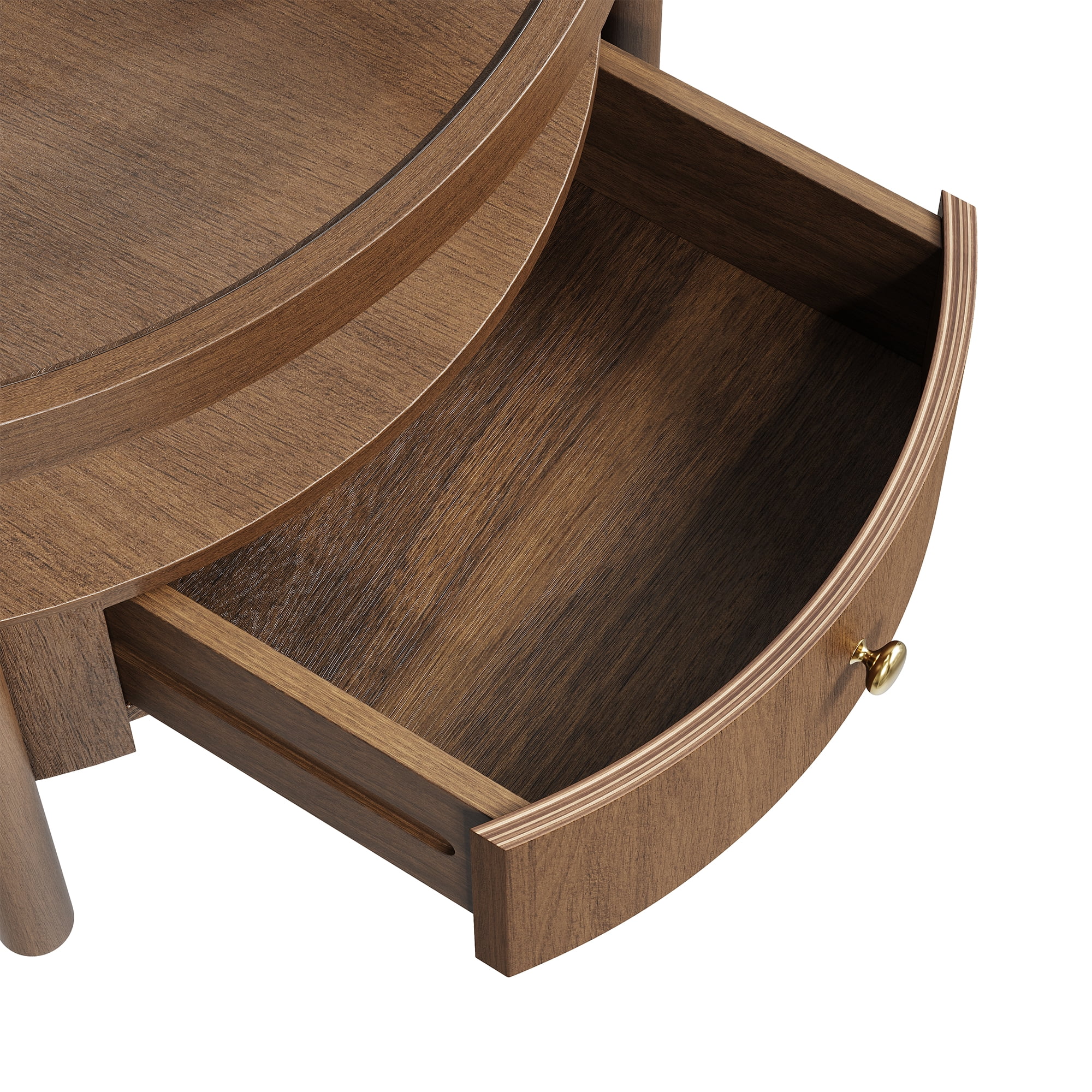 29.5-Inch Round Glass Top Coffee Table with Storage Drawer and 2-Tier Design, Mid-Century Modern Center Table and Cocktail Table for Living Room, Walnut