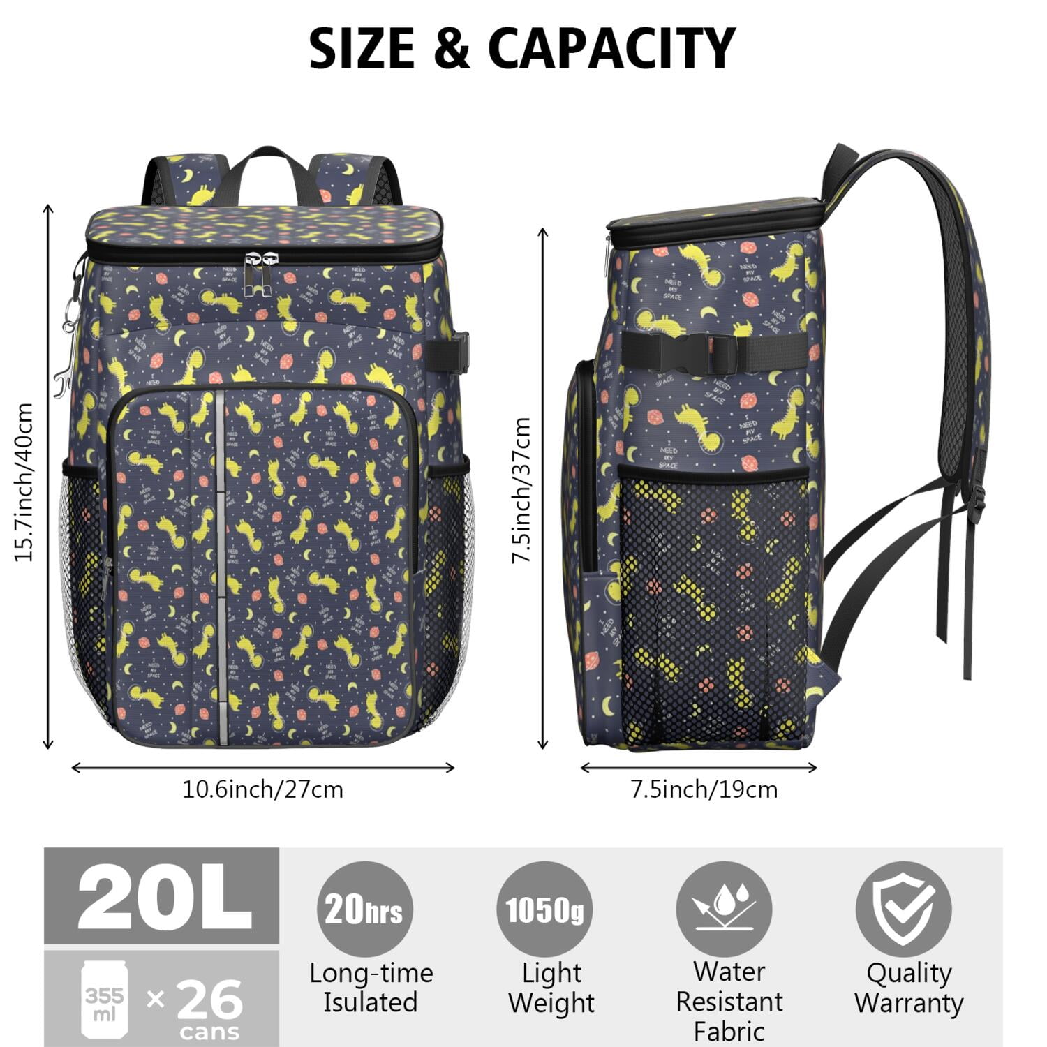 Travel Cooler Bag - DarkBlue Cartoon Dinosaurs Space Pattern Camping Beer Cooler Backpack with Bottle Opener- Waterproof Insulated Picnic Backpacks - Cooler Bag for Beach