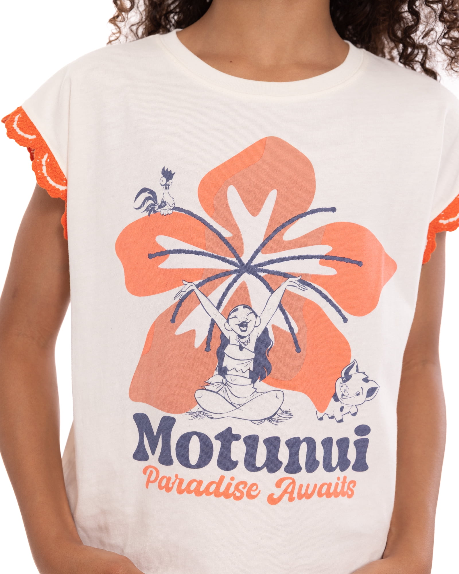 Disney Moana Girl’s Crochet Trim Crewneck Tee with Dolman Sleeves, Sizes 4-16