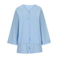 thumbnail image 4 of Two Piece Linen Sets for Women Dressy Casual Outfits Long Sleeve Light Loose Button-up V Neck Shirt and Shorts Set,Sky Blue,XL, 4 of 5