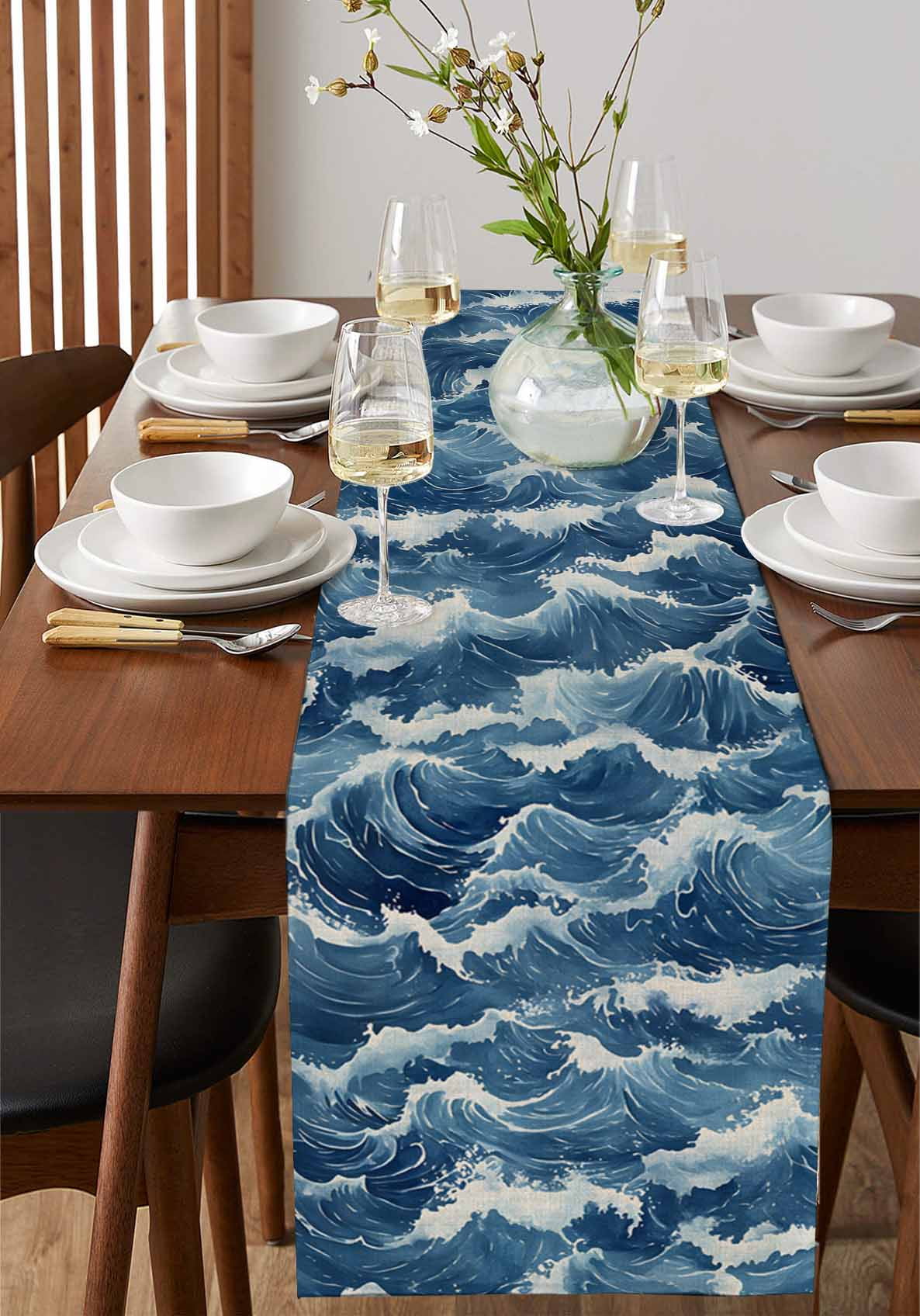 nqOlkjepod Ocean Waves Table Runner 70 Inches Long Farmhouse Dress Scarves, Summer Beach Coastal Nautical Burlap Dining Tablerunner for Coffee Table/Kitchen Island/Party Décor, 13" x 70"