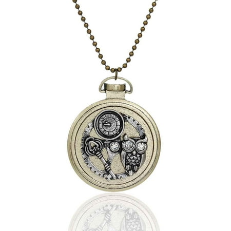 Round Key Pendant SEXY SPARKLES Steampunk Necklace Ball Chain Antique Bronze Round Halloween Owl Key Gear Pendant With Clear Rhinestone ()