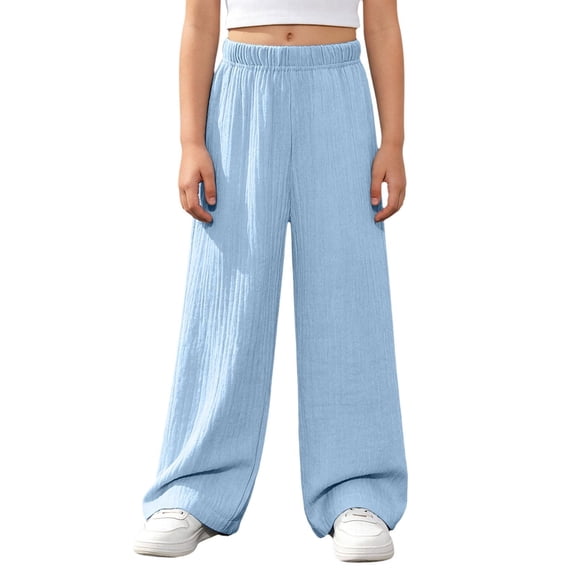 CPNG Girls Cotton Linen Pants Solid Color Elastic High Waist Wide Leg Pants Lightweight Comfortable Breathable Casual Pants