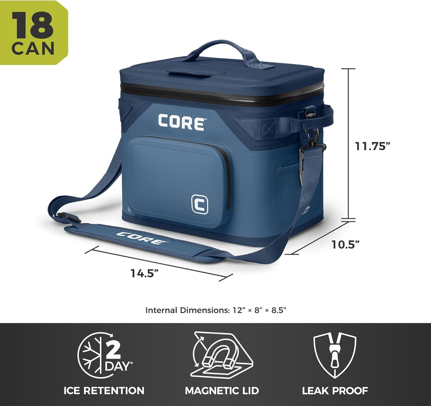 CORE 18 Can Climakeep Magnetic Soft Cooler, Leakproof Cooler, Waterproof Zipper, Navy