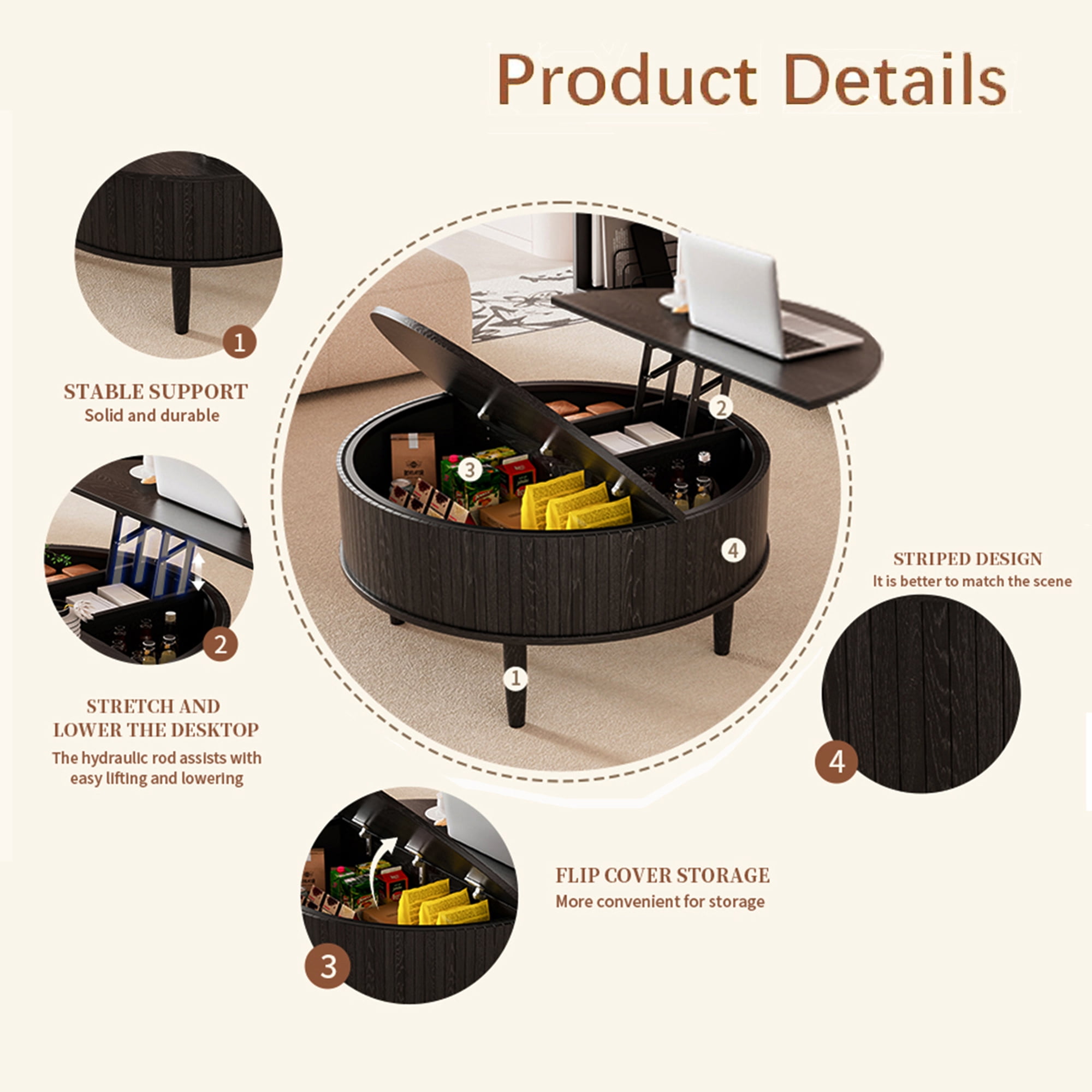 Round Lift Top Coffee Table with Storage, Center Table with Hidden Compartment, Circle Coffee Table for Living Room, Black
