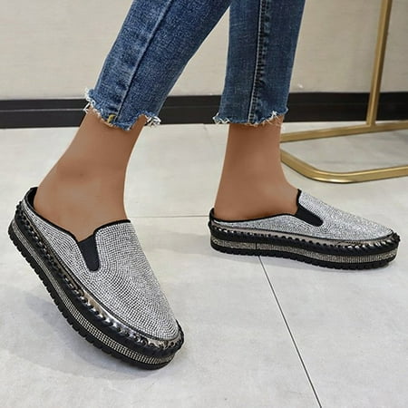 

loopsun Summer Sandals for Womens Womens Sandals Clearance Leisure Rhinestone Sequins Wrapped Flat Shoes With Thick Soles And Half Slippers
