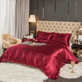 thumbnail image 2 of Romantic Ruffle Satin Silk Duvet Cover Queen Size Red Luxury Solid Color Bedding Set Cooling Soft Smooth Silky Comforter Cover, 2 of 3