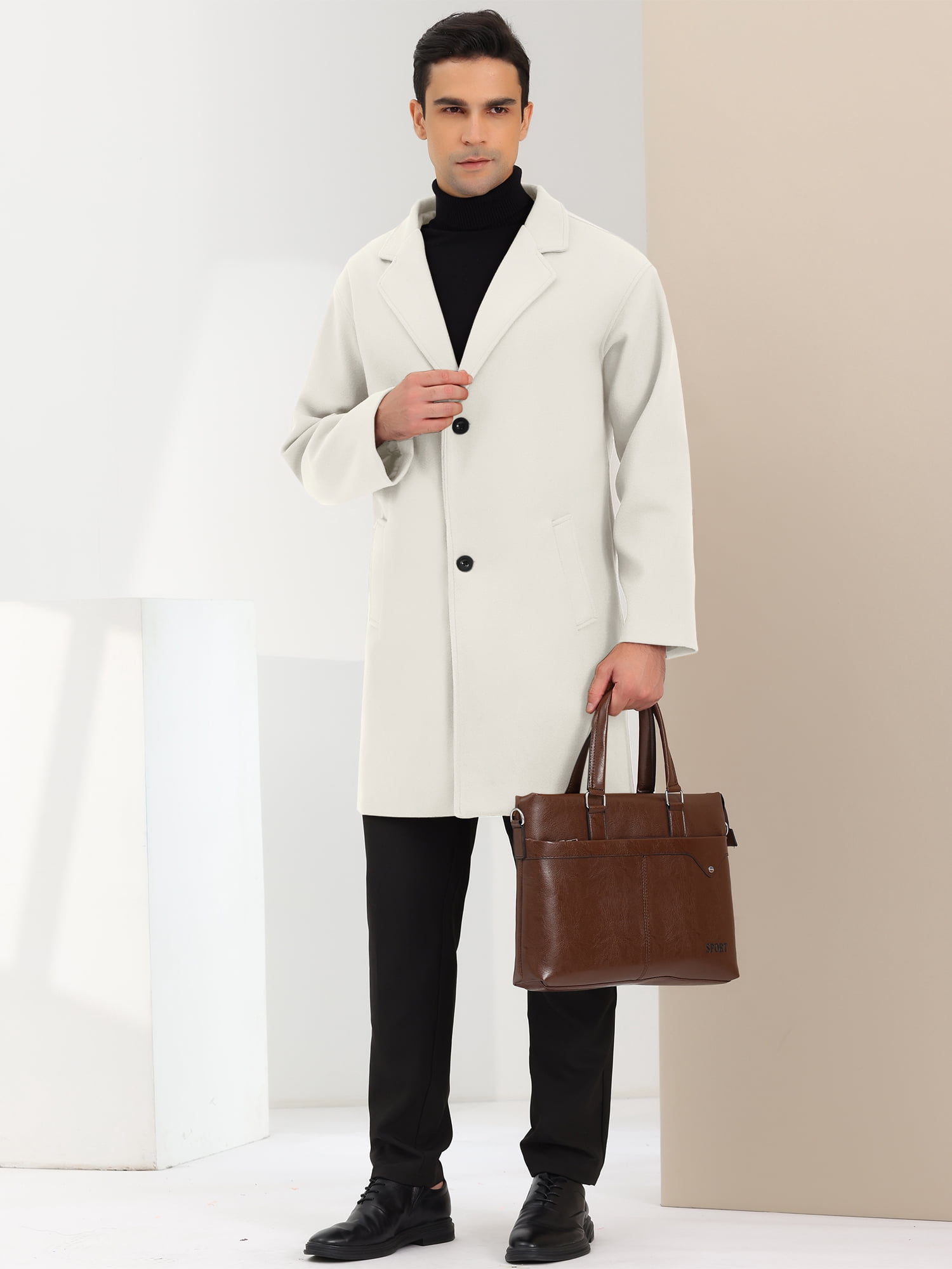 Unique Bargains Men's Winter Trench Coat Notched Lapel Single Breasted Mid-Length Overcoat M Beige