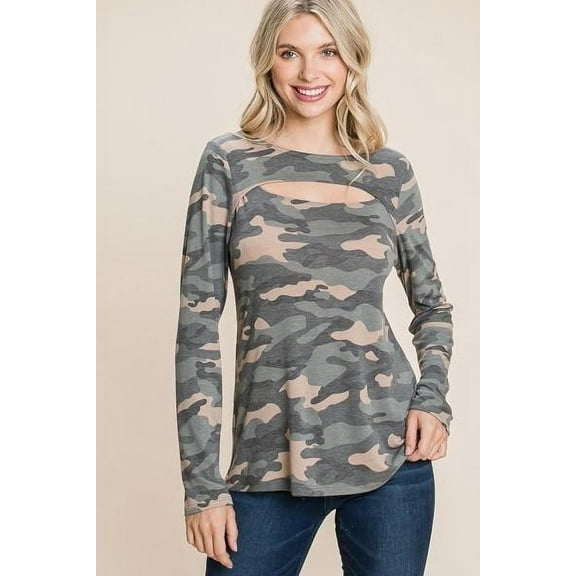 Army Camo Printed Cut Out Neckline Long Sleeves Casual Basic Top