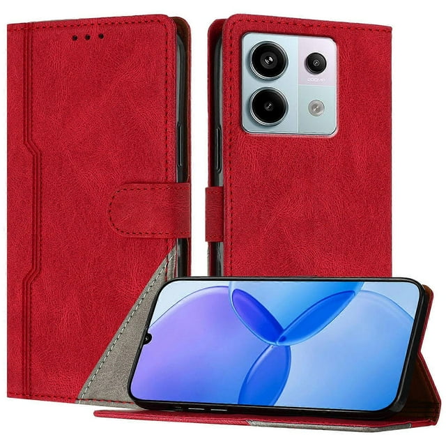 Compatible with Xiaomi Redmi Note 13 Pro 5G Leather Case Triangle Splicing Wallet Stand Shockproof Mobile Phone Protective Case Red