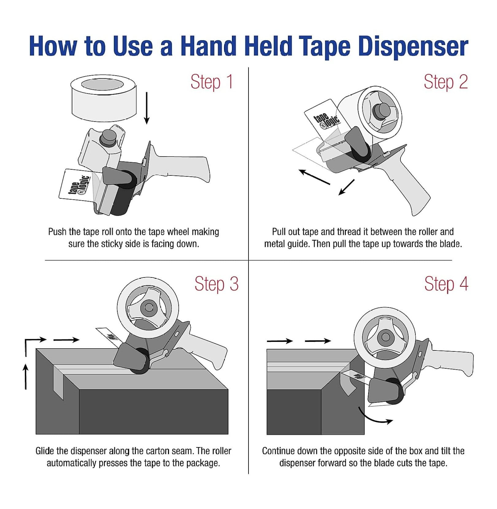 Packing Tape Dispenser Gun 4 Inch - Heavy Duty Tape Dispenser for Shipping, Moving, Warehouse & Packing - Steel & Plastic Construction - Tape Logic TDHD4
