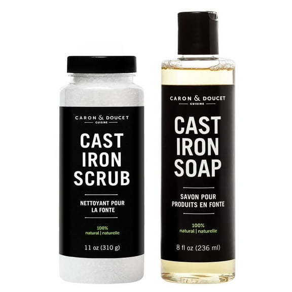 CARON & DOUCET - Cast Iron Cleaning Bundle - Cast Iron Soap & Cast Iron Scrub - 100% Plant Based Formulation - Removes Rust, Food Debris and Baked on Food While Seasoning Cast Iron