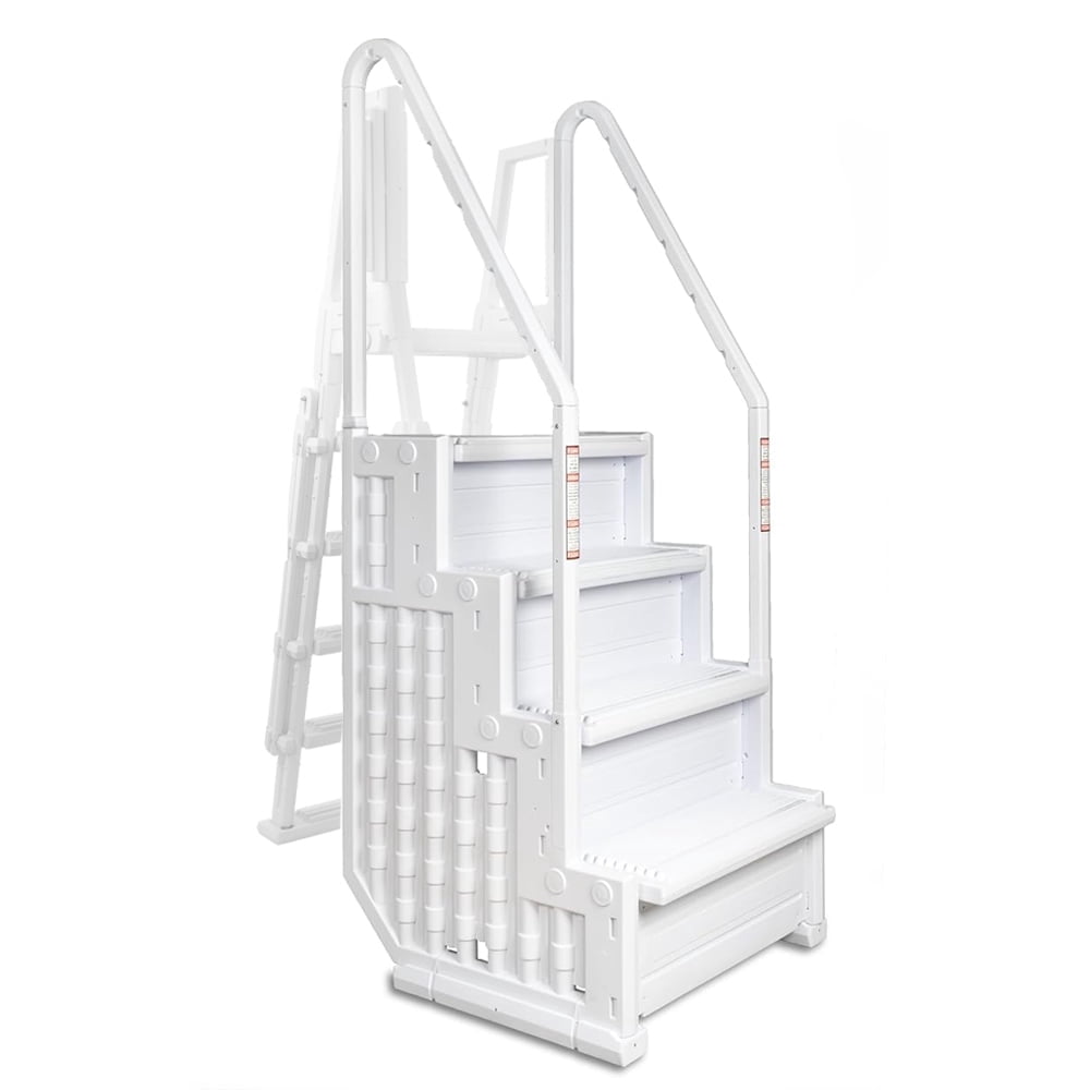 Aqua Select White Anti-Slip Pool Steps with White Steps and White Outside Flip-up Safety Ladder, 48-54"H