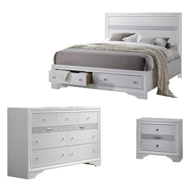 Chic White 3 Piece Bedroom Set with Eastern King Platform Bed