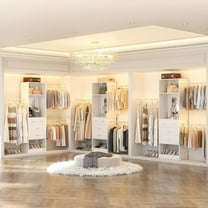 Homieasy 48" W - 96” W Closet Organizer, 8FT Walk in Closet Systems Starter Kit with 25” Tower and 3 Extendable Hanging Rods, Sturdy Wood Garment Rack with 4 Drawers and Mirror, White