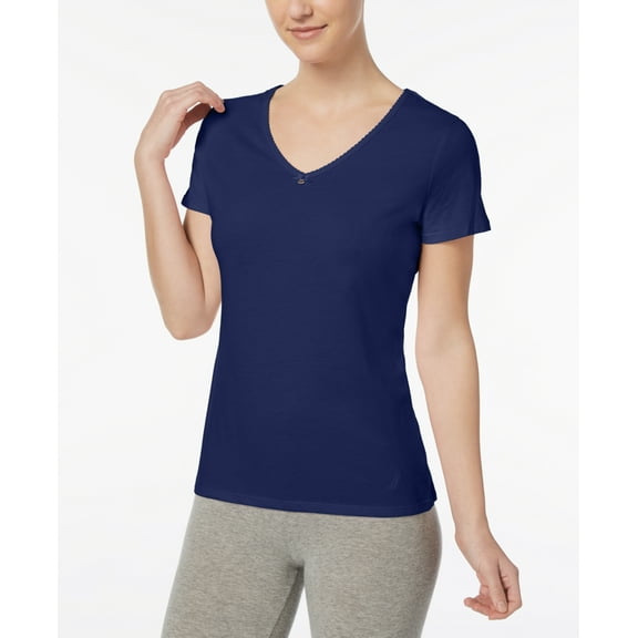 Nautica Women's Short Sleeve V-Neck Anchors Top Navy Size Extra Small