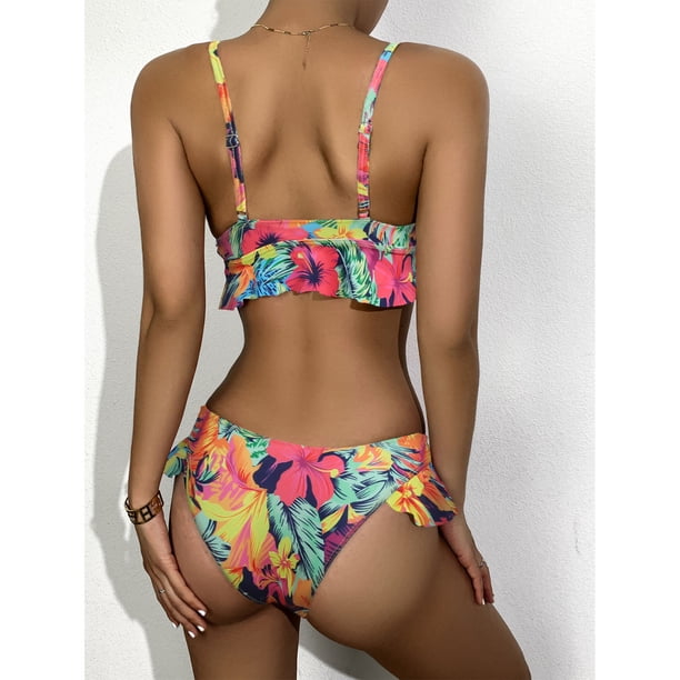 Bikini De Dos Piezas Mujer - Cintura Alta, Top Triángulo Estampado Floral, Anudable, Con Relleno Extraíble