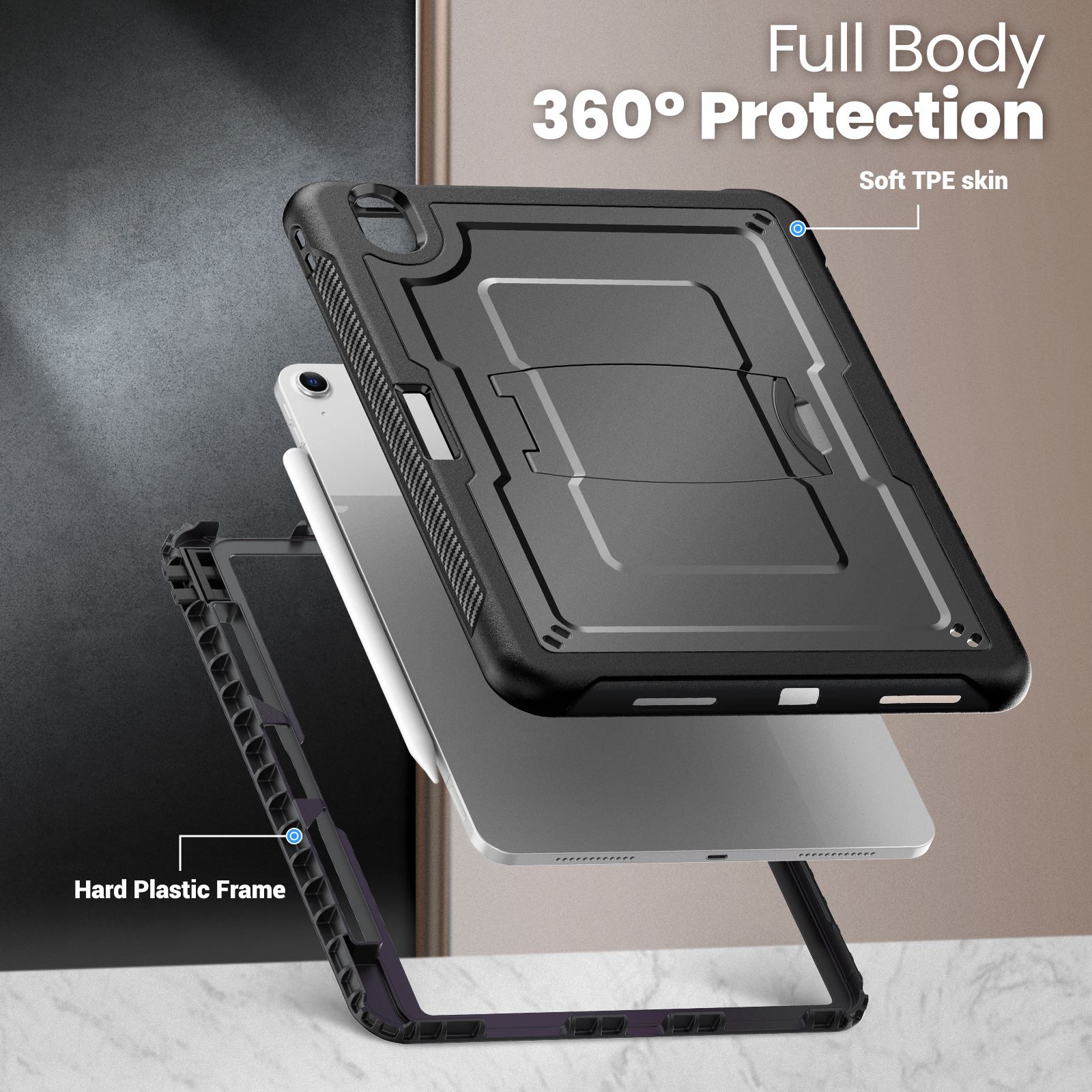 ELEHOLD Rugged Case with Pencil Holder For iPad Air 11-inch M3 (2025) / M2 (2024), Built-in Kickstand Double-Layer Protection Full-Body Shockproof Cover For Apple iPad Air 11 (2025/2024),Black