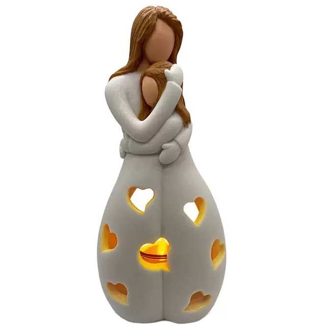 Muyoka Portavelas de resina creativa, portavelas de estatua de abrazo de madre e hija, regalo conmemorativo