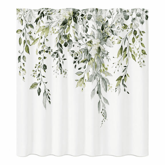 Sage Green Eucalyptus Shower Curtain, Watercolor Plant Leaves with Floral Bathroom Decor Waterproof Fabric Shower Curtain Set 72x72 Inch White