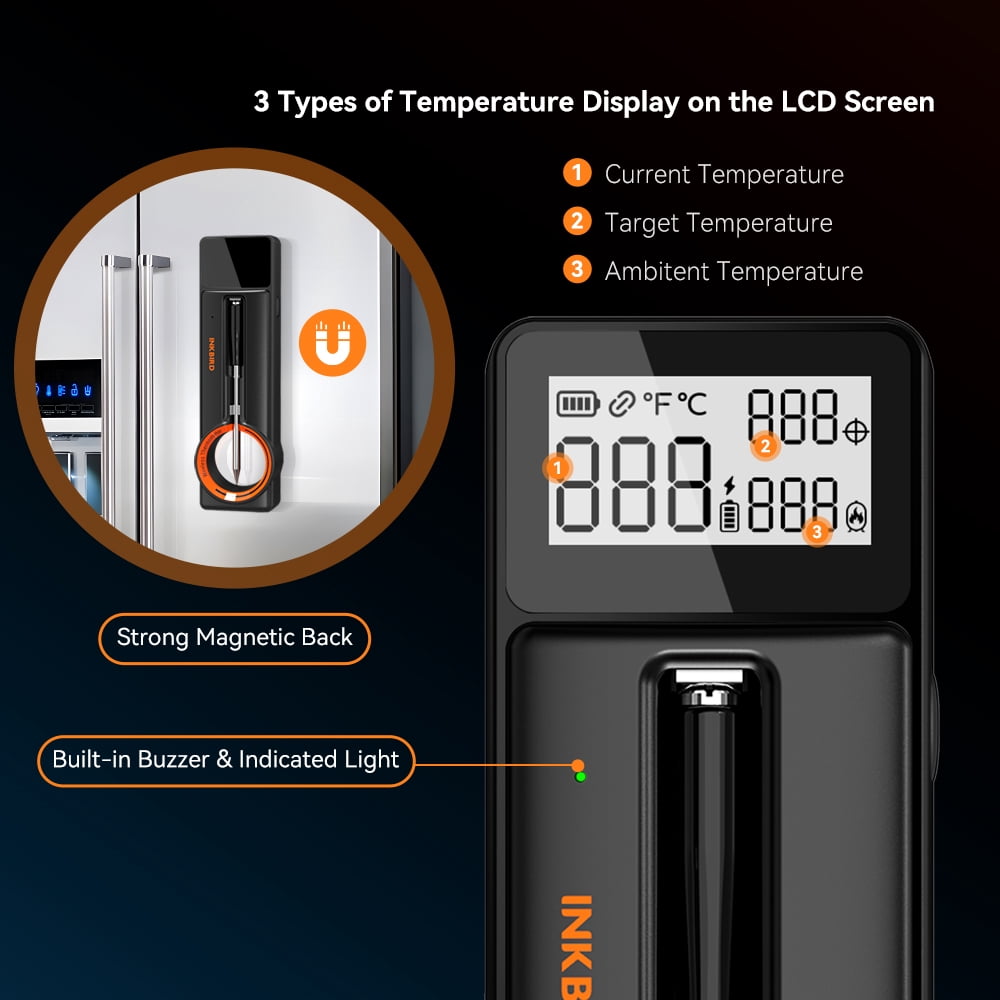 INKBIRD Wireless BBQ Thermometer, Bluetooth 5.4 Meat Thermometer with 5MM Ultra Thin Probe, HD LCD Display, 60 Min Offline Data Storage, Temperature Alarms for Grilling, Cooking, Roasting, Sm