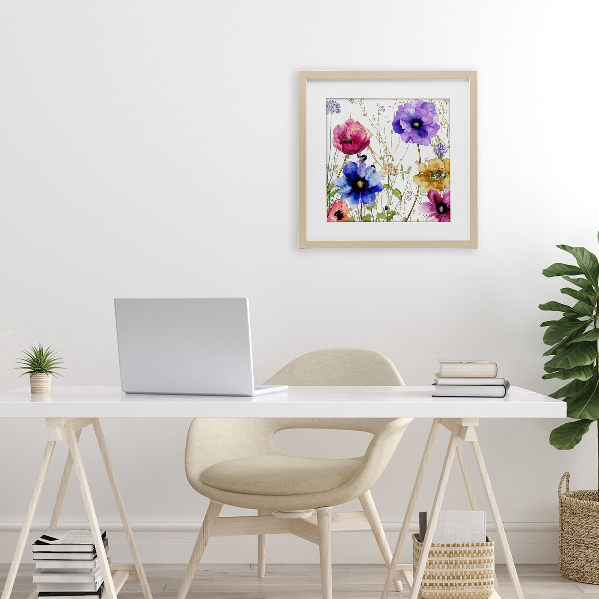 Modern Spring Garden Flowers Birch Framed Print Under Glass, design by Sasha