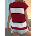 thumbnail image 5 of Women'S Summer Casual Loose Knit Sweater Color Block Stripe Round Neck Short Sleeve Vacation Top Wine Red S, 5 of 6