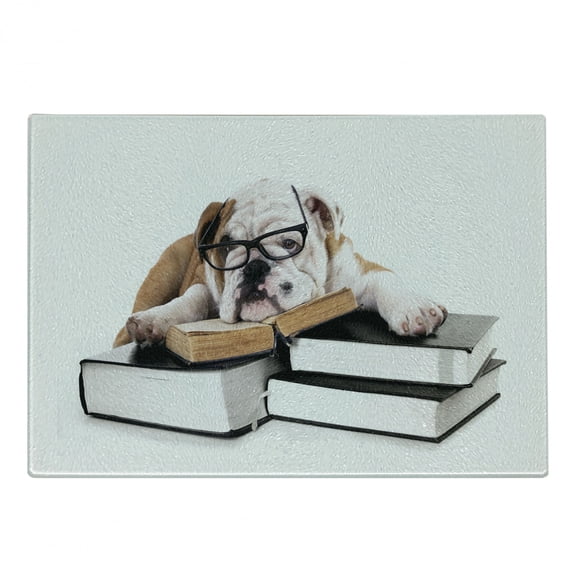 English Bulldog Cutting Board, Pure Breed Bulldog with Glasses and Books Hardworking Animal, Decorative Tempered Glass Cutting and Serving Board, Small Size, Black Pale Brown White, by Ambesonne